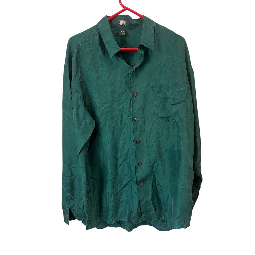 Stefano Man 100% Silk Emerald Green Button Up Shirt Men’s XL